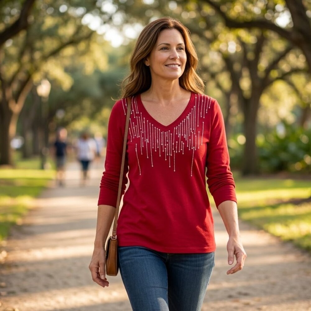 Coldwater Creek Vivid Red Embellished Long Sleeve Top